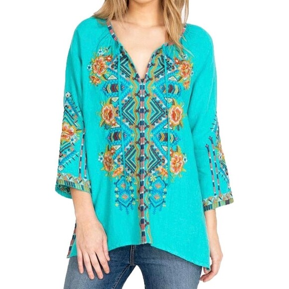 Johnny Was Tops - Johnny Was Linen Sentrie Peasant Blouse Floral Embroidered Blue 3/4 Sleeve XXL